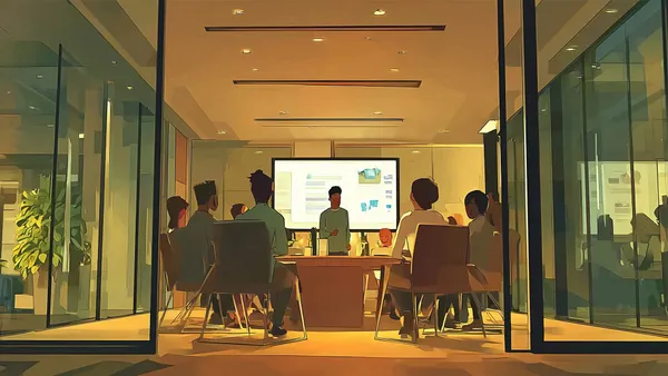 An illustration of a man making a presentation in a boardroom facing a graph of bad looking numbers.