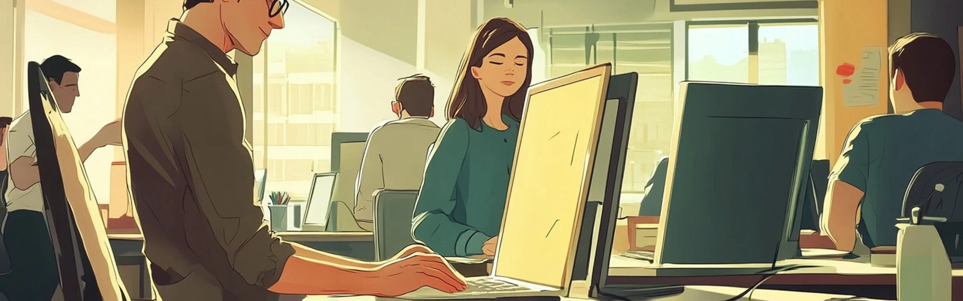 An illustration of a busy digital marketing office working on websites and digital strategies.