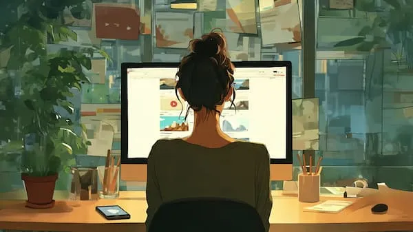 A woman looking at google search results littered with ads and an ai overview