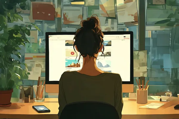 An illustration of a woman at a desk working on a Social Media Campaign.
